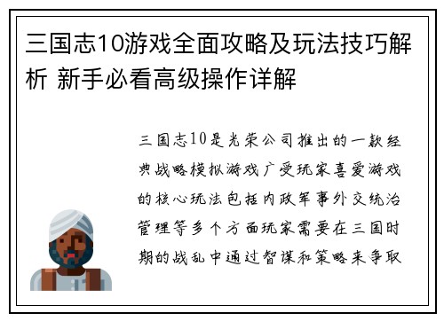 三国志10游戏全面攻略及玩法技巧解析 新手必看高级操作详解